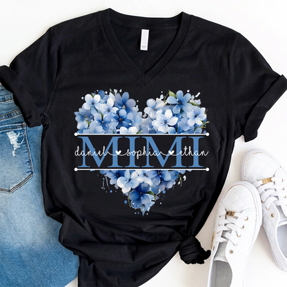 Personalized Mimi Shirt with Blue Floral Heart Design, Custom Grandma Gift with Grandkids Name V-Neck