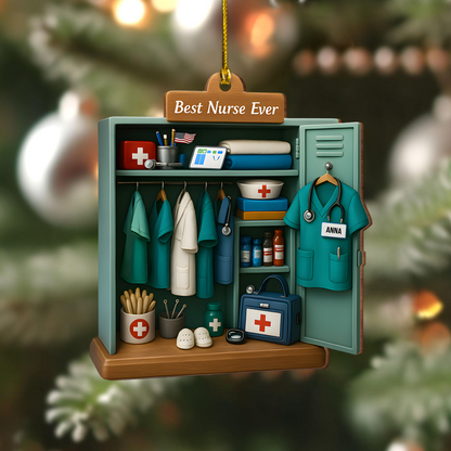 Personalized Nurse Ornament – Custom Name Scrubs Locker Christmas Decoration, Cute Holiday Gift for Nurses and Healthcare Workers Ornament