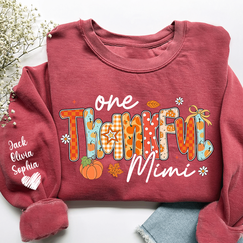 Personalized One Thankful Mimi Sweatshirt – Fall Pumpkin Design with Grandkids’ Names on Sleeve