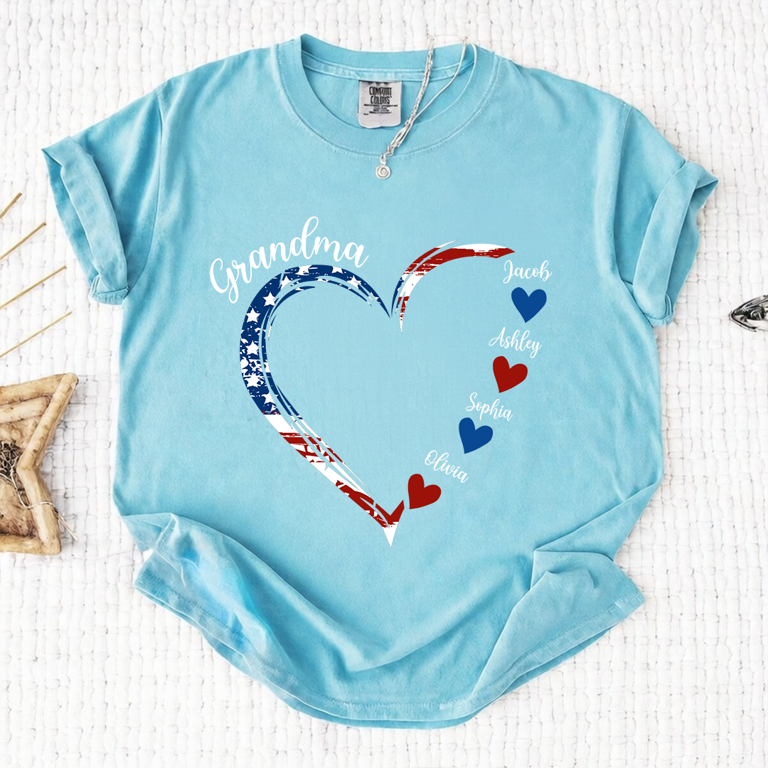 Comfort Colors Personalized Grandma Heart Shirt with Grandkids Names - Custom American Flag Heart Tee - Gift for Nana, Mimi, Gigi