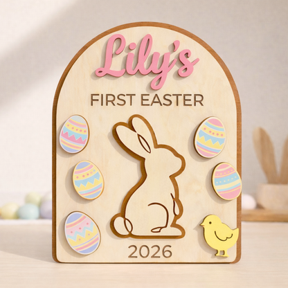 Personalized First Easter Wooden Plaque - Custom Name and Date for Baby Boy or Girl, Cute Bunny and Egg Design