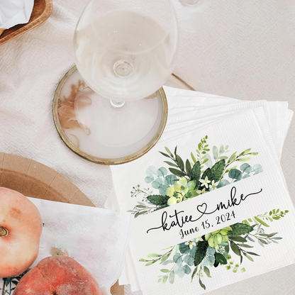 Custom Floral Wedding Napkins – Personalize with Your Names & Wedding Date – Elegant Greenery Design