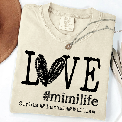 Comfort Colors LOVE mimilife Shirt, Custom Grandmother T Shirt with Kids' Names, Personalized Mimi Shirt, Perfect for Mother's Day, Birthday