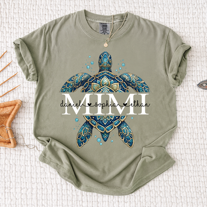 Comfort Colors Mimi Sea Turtle Shirt, Personalized Grandma Shirt with Grandchildren Names, Coastal Summer Gift for Mimi Nana
