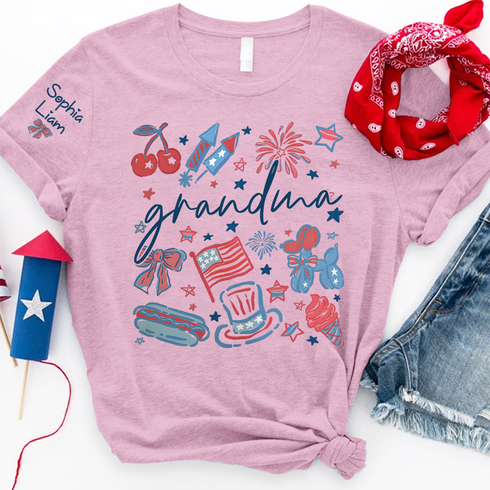 Grandma Custom T Shirt, Independence Day Themed Design with Fireworks, Stars, and USA Icons