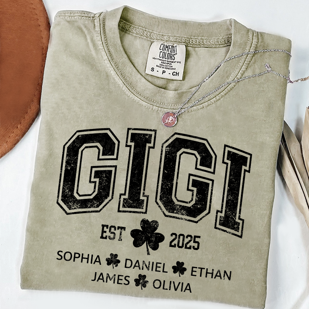 Comfort Colors St Patrick’s Day Gigi Shirt Est 2025, Custom Grandma T Shirt with Kids Names Shamrock Design