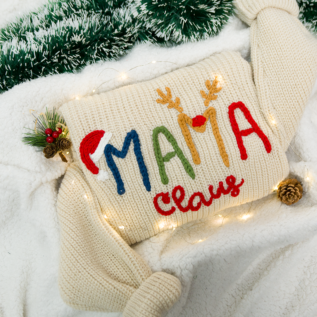 Custom Hand-Embroidered Christmas Knitted Sweater – Personalized Mama Claus Sweater with Festive Design