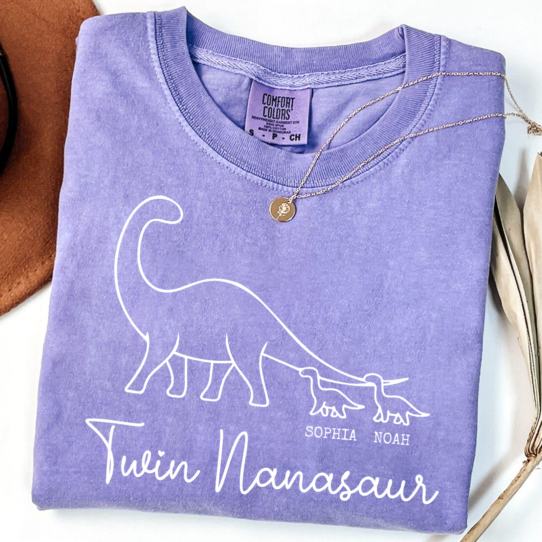 Comfort Colors® Twin Nanasaur Shirt, Personalized Dinosaur Grandma Tee, Custom Grandkids Names T Shirt, Fun Dino Grandma Gift