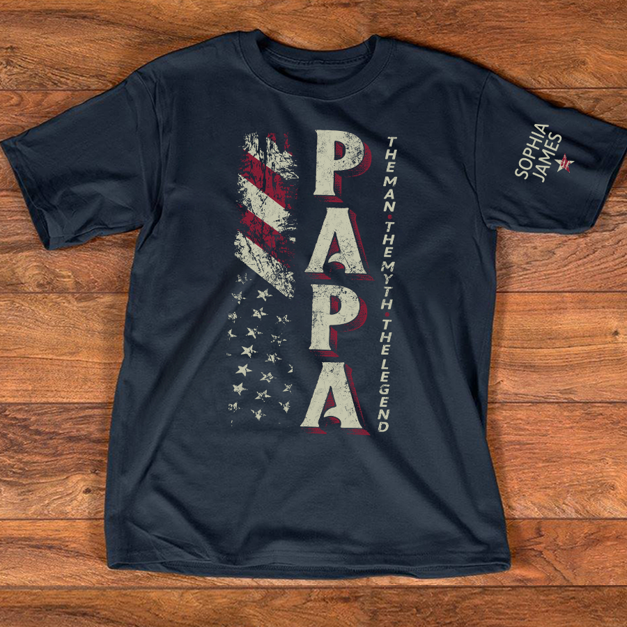 Personalized PAPA The Man, The Myth, The Legend T Shirt, Custom Family Names with American Flag Design, Perfect Gift for Father’s Day