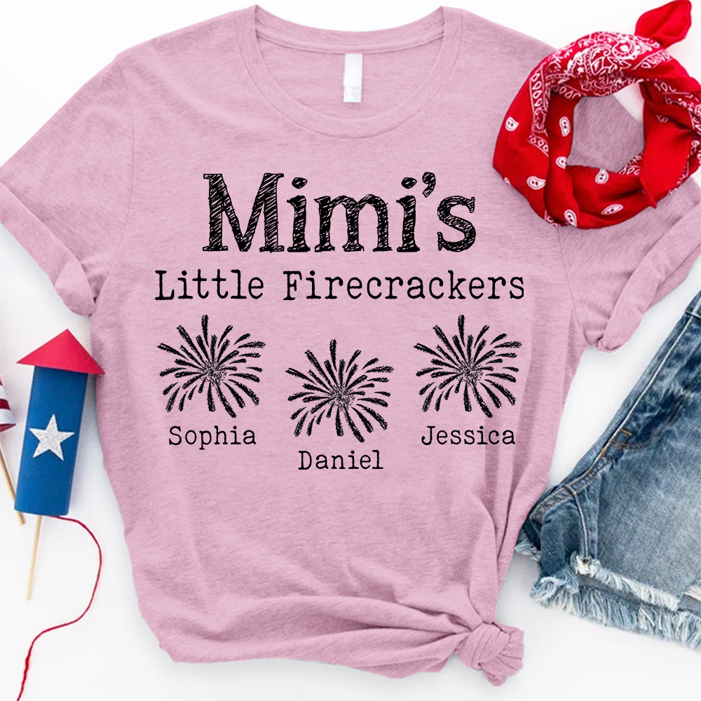 Mimi's Little Firecrackers Personalized T Shirt with Custom Kids' Names, Perfect for Independence Day