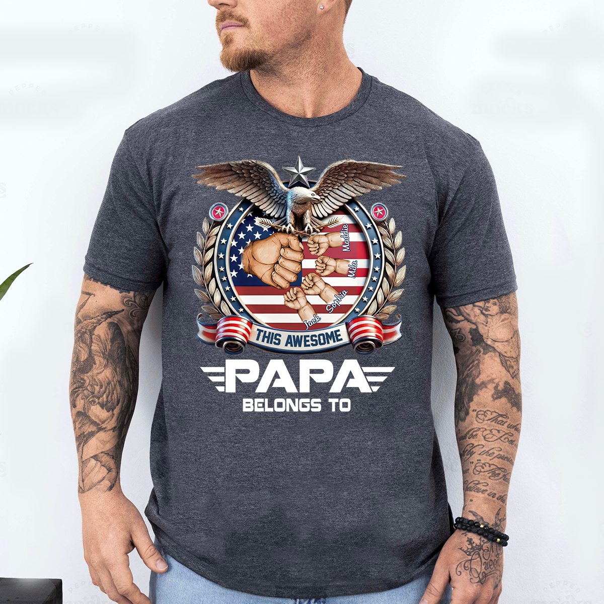 Personalized Papa Shirt This Awesome Papa Belongs To, Custom Kids Names Patriotic Eagle T-Shirt