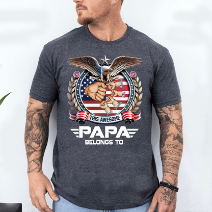 Personalized Papa Shirt This Awesome Papa Belongs To, Custom Kids Names Patriotic Eagle T-Shirt