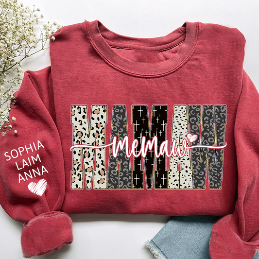 Personalized Memaw Leopard Sweatshirt – Custom Bible Style Design, Unique Gift for Grandma and Her Grandkids