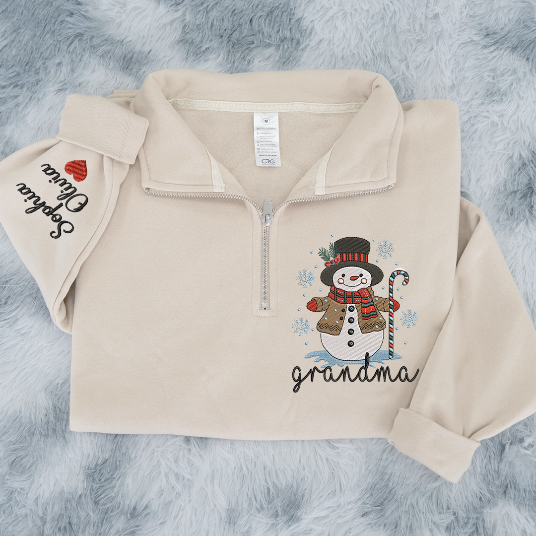 Personalized Grandma Christmas Quarter Zip, Custom Embroidered Snowman Sweater