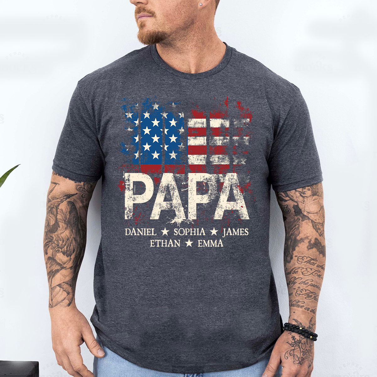 Custom Papa Shirt with Distressed USA Flag – Personalized Father Gift Featuring Grandkids or Kids Names