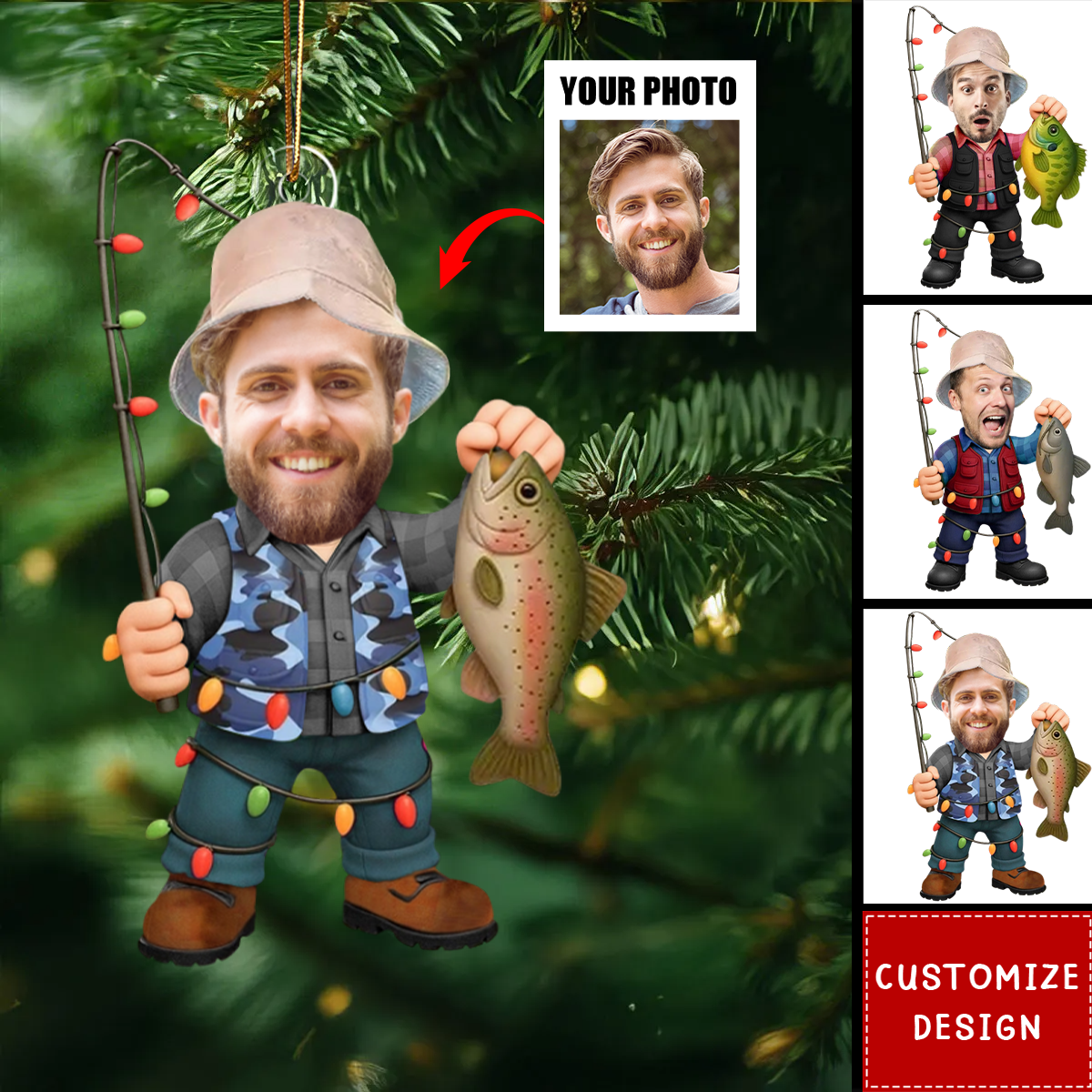 Personalized Fishing Ornament 2025 – Custom Face Photo Fisherman Ornament, Funny Christmas Gift for Fishermen & Outdoor Lovers