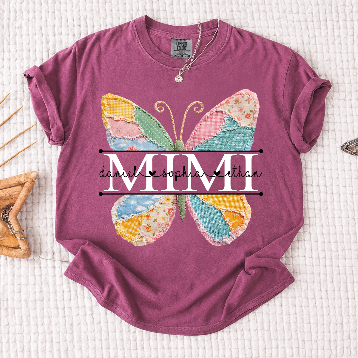Comfort Personalized Mimi Shirt with Grandkids Names, Butterfly Patchwork Design Family Tee