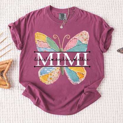 Comfort Personalized Mimi Shirt with Grandkids Names, Butterfly Patchwork Design Family Tee