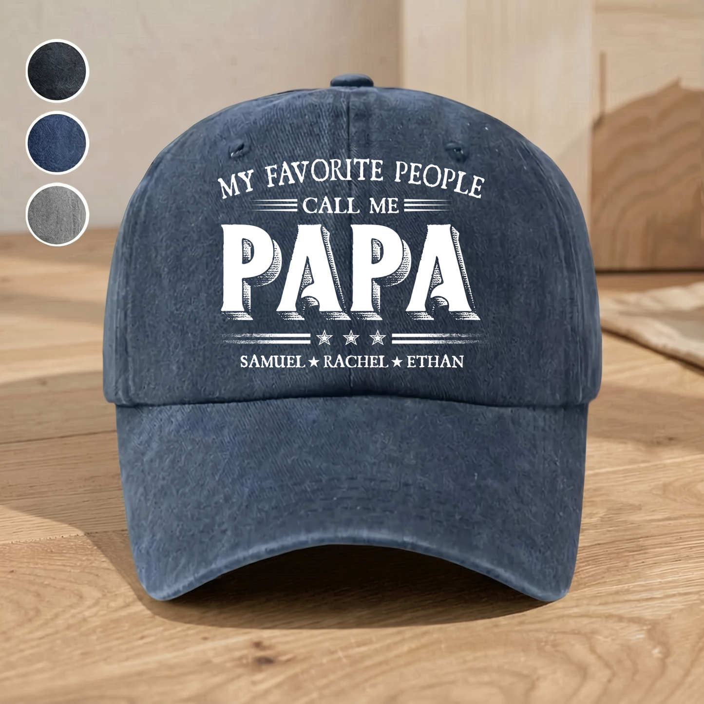 Personalized Washed Denim Baseball Cap with Papa Quote, Custom Kids' Names, Vintage Dad Hat, Unique Gift for Fathers & Grandpas