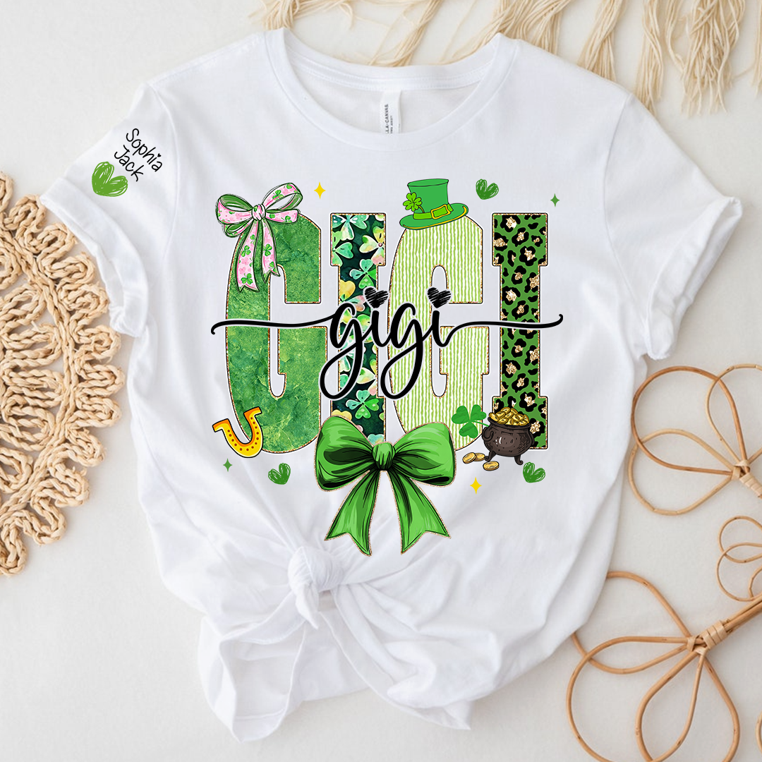 Gigi St Patrick’s Day Shirt, Green Shamrock Bow Family T Shirt, For Gift Gigi And Kids