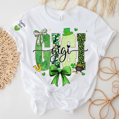 Gigi St Patrick’s Day Shirt, Green Shamrock Bow Family T Shirt, For Gift Gigi And Kids