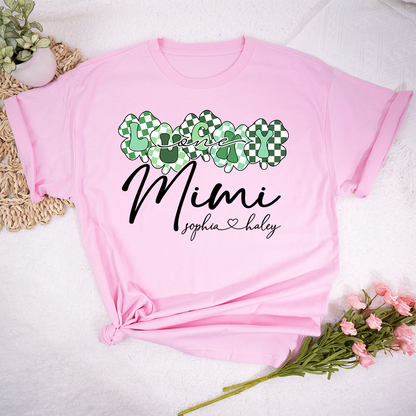 Custom Mimi Shirt with Grandchildren Names, Lucky Clover St Patrick’s Day Grandma Tee, Personalized Irish Style Family Shirt