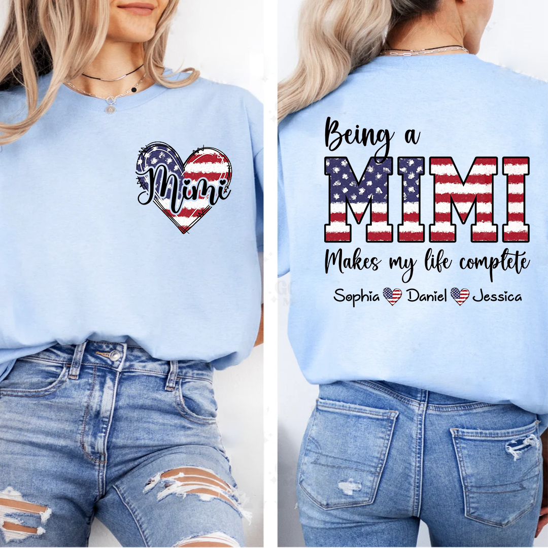 Mimi American Flag Heart Shirt, Personalized Grandma T-Shirt with Children’s Names, Gift for Mom or Nana