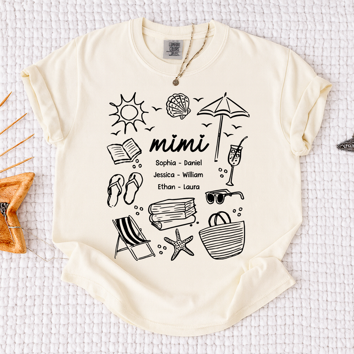 Comfort Colors Custom Mimi T Shirt with Grandchildren Names, Beach Life Graphic Tee, Personalized Summer Vacation Shirt for Women