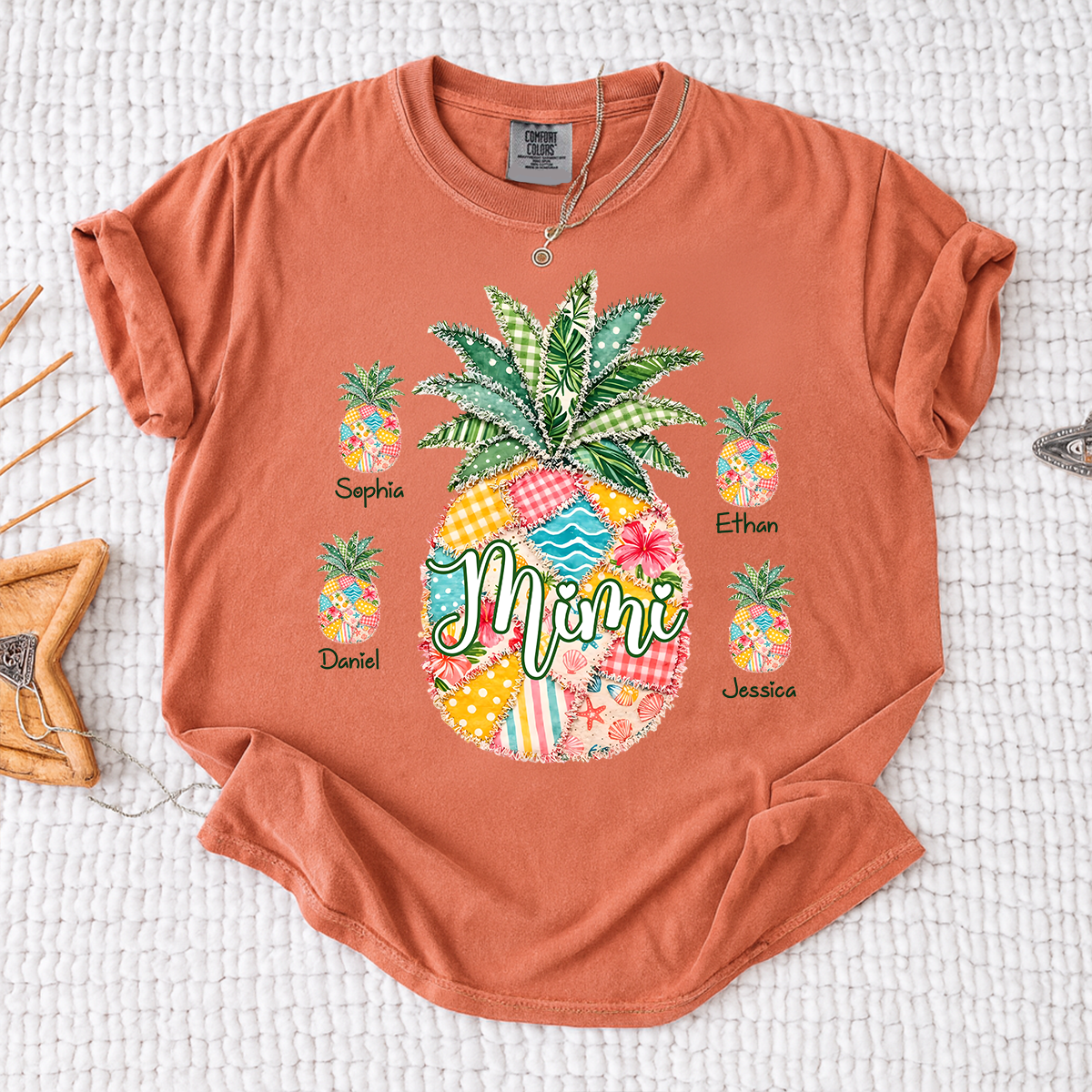 Comfort Colors Personalized Mimi Pineapple Shirt with Grandkids Names, Custom Grandma Tropical T Shirt for Women, Summer Beach Family Gift