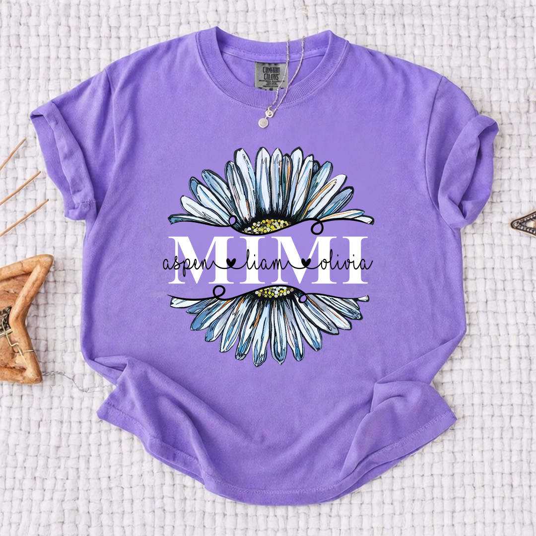 Comfort Colors Personalized Daisy T-shirt for Mimi, Grandma, and Nana | Custom Name Design with Floral Graphic | Spring Family Shirt