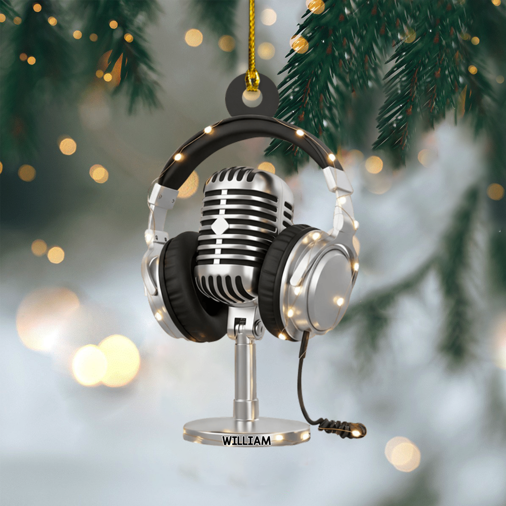 Personalized Microphone Ornament 2025 – Custom Name Singer Headphones Christmas Decoration Gift Ornament