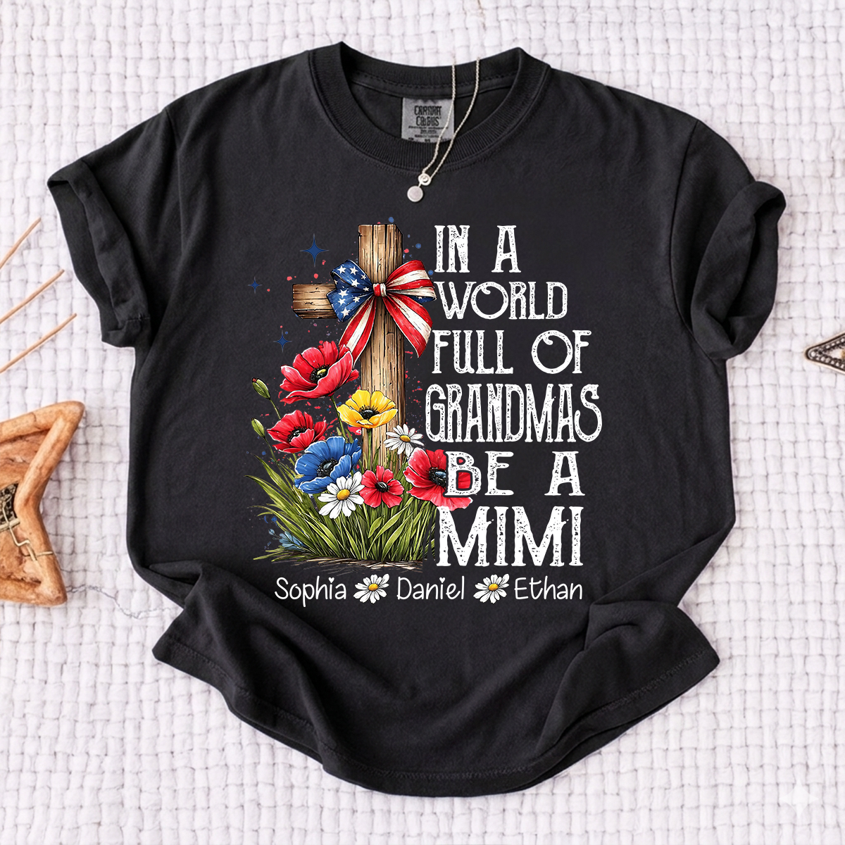 In a World Full of Grandmas Be a Mimi T-Shirt, Personalized Mimi T-Shirt with Cross and Floral Design
