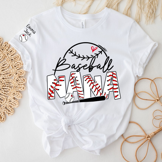 Baseball Nana Shirt Personalized with Grandkids Names, Sports Heart and Bat Family T Shirt