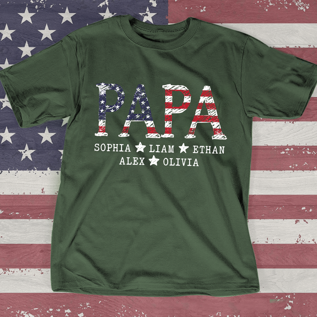 Personalized Papa 4th July Independence Day American Flag T-Shirt, Patriotic gift for grandpa And Kids