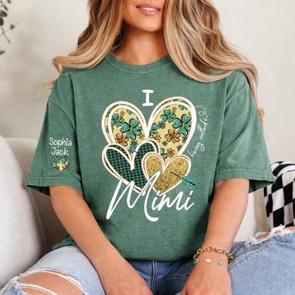 I Love to Be Called Mimi Heart Design T-shirt For St. Patrick's Day, Personalized Clover Design T-shirt for Grandma with Grandchildren's Names