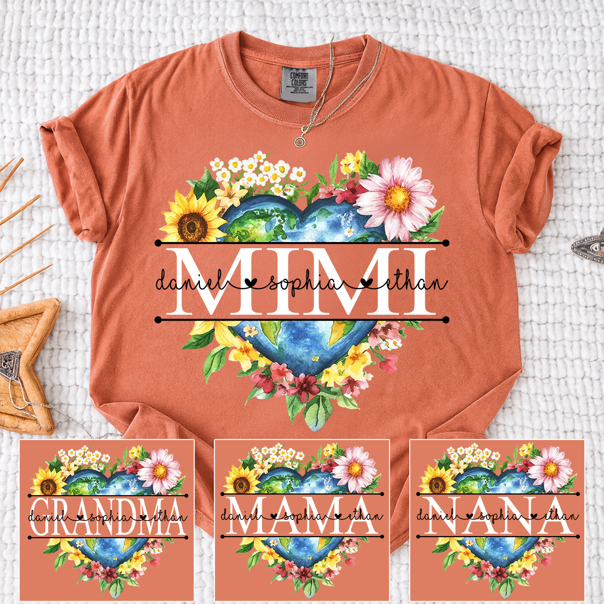Comfort Colors Custom Mimi Heart Shaped Earth Shirt, Floral Heart Graphic with Grandkids Names, Family Love Tee