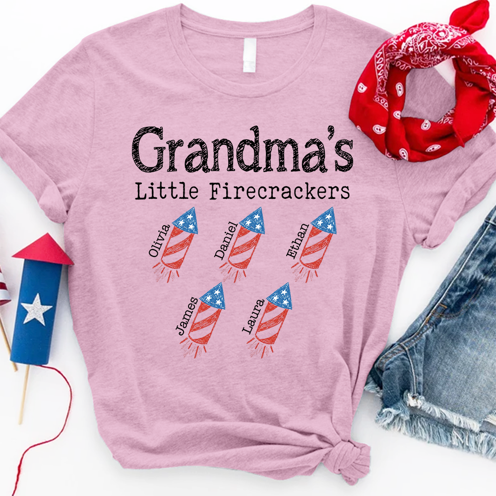 Custom Grandma Little Firecrackers T Shirt, Personalized Kids Names, Patriotic Firework Rockets Graphic, July 4th Family Matching Apparel