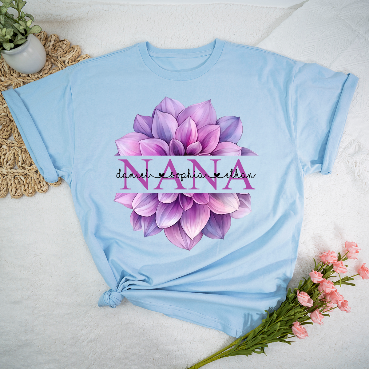 Custom Nana T Shirt with Beautiful Purple Flower, Personalized Grandma Gift with Grandkids Names