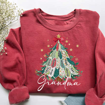 Personalized Grandma Christmas Sweatshirt, Custom Name Tree Ribbon Holiday Shirt