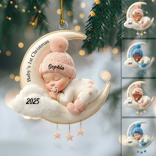 Personalized Baby’s First Christmas Ornament 2025 – Custom Name Moon & Cloud Ornament, Newborn Keepsake Gift for Baby Boy or Girl Ornament