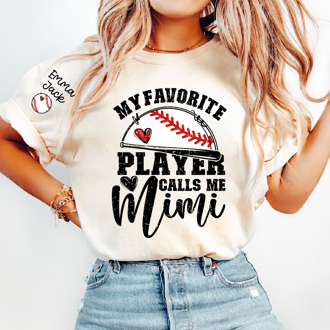 My Favorite Player Calls Me Mimi Shirt, Personalized Baseball T Shirt with Grandkids Names