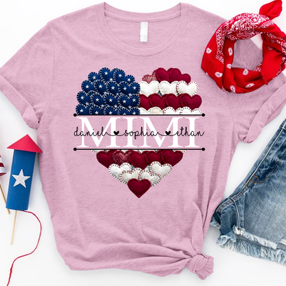 Personalized Mimi T Shirt, American Flag Heart Design, Custom Family Names Shirt
