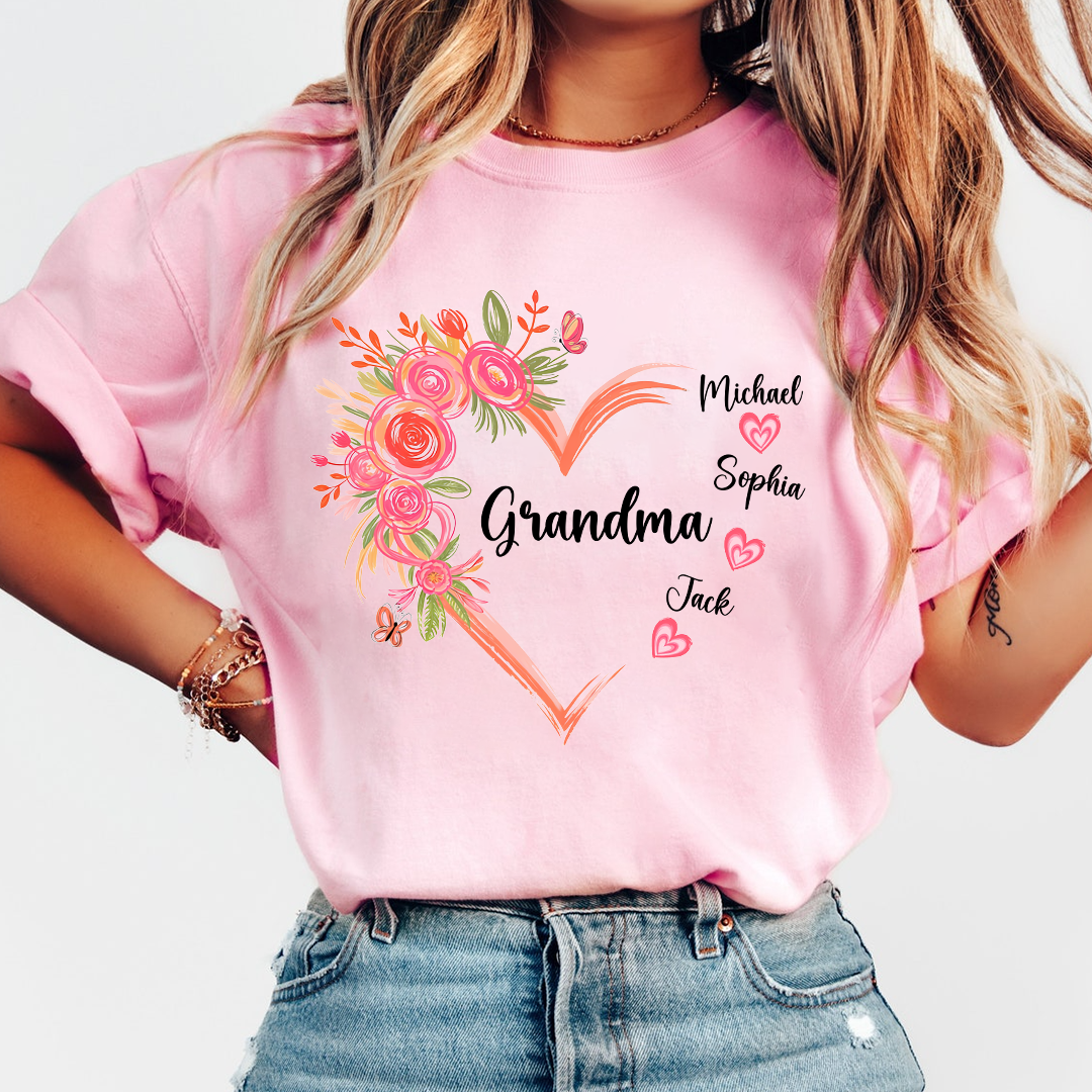 Personalized Grandma Floral Heart Shirt with Grandkids Names, Family Love T Shirt Gift
