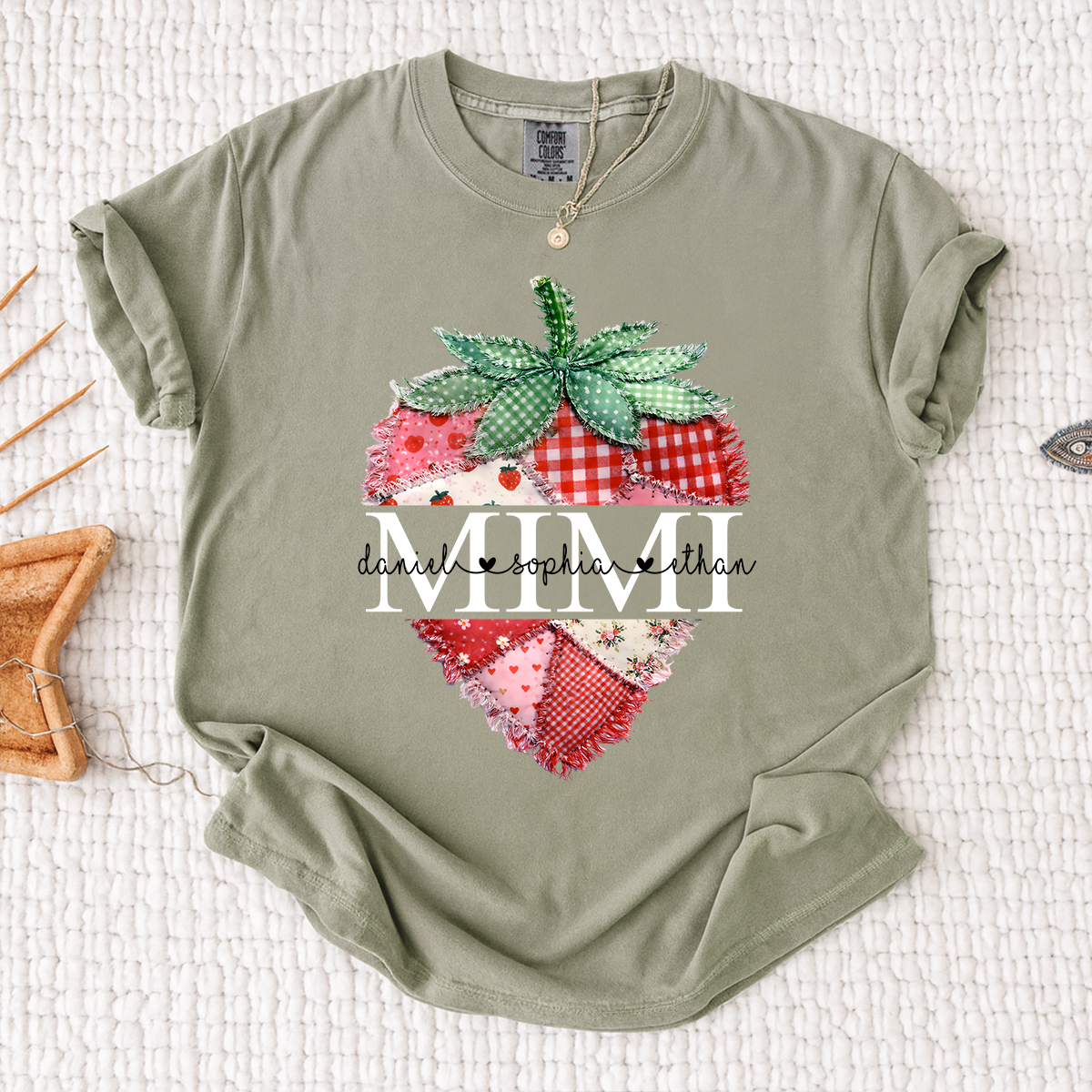 Comfort Colors Custom Mimi Strawberry Patchwork Tee, Personalized Grandma Shirt with Grandchildren Names, Birthday Christmas Family Gift