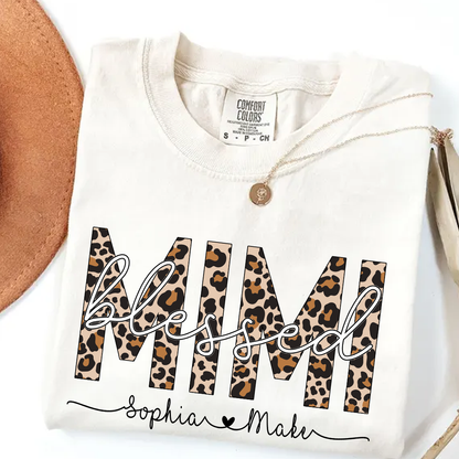 Comfort Colors® -Blessed Mimi Leopard Print T-Shirt – Personalized Grandma Tee with Grandkids' Names – Custom Gift for Mimi