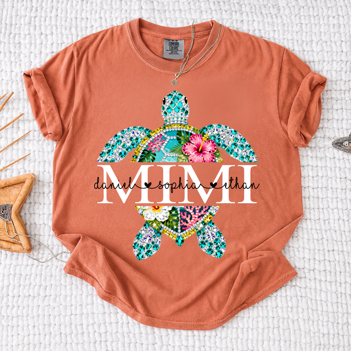 Comfort Colors Custom Mimi Turtle Monogram Shirt – Personalized Family Name Turtle Graphic Tee, Ocean Lover Gift for Women