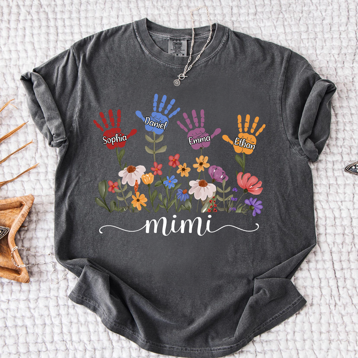 Comfort Colors Mimi Custom T Shirt with Kids Handprints, Personalized Family Names and Colorful Flower Design