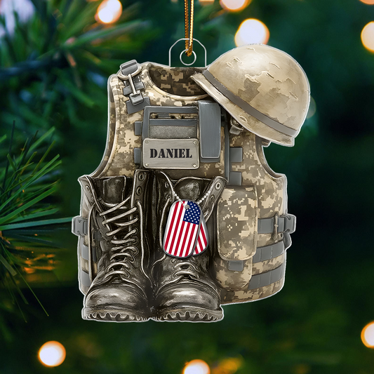 Personalized Military Ornament 2025 – Custom Name Army Vest and Helmet Christmas Ornament, Gift for Soldiers & Veterans Ornament