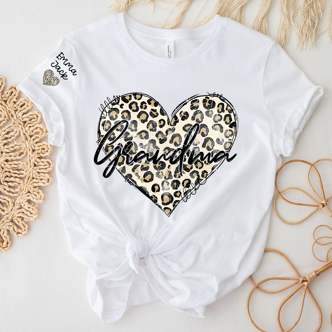 Personalized Grandma Shirt with Leopard Heart Design, Custom Family T Shirt