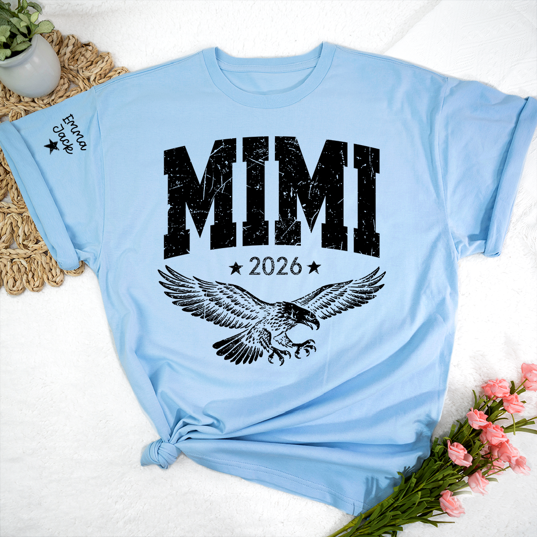 Personalized Grandma T-Shirt, Mimi Est, Custom Names On Sleeve Shirt with Eagle & Custom Names